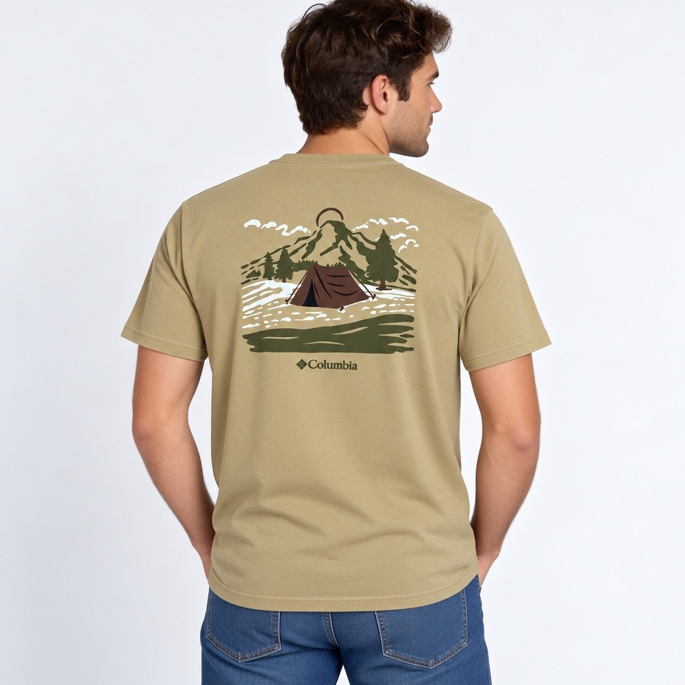 Columbia Graphic T-Shirt Mens XL Tan Camping Mountain Short Sleeve Cotton Tee